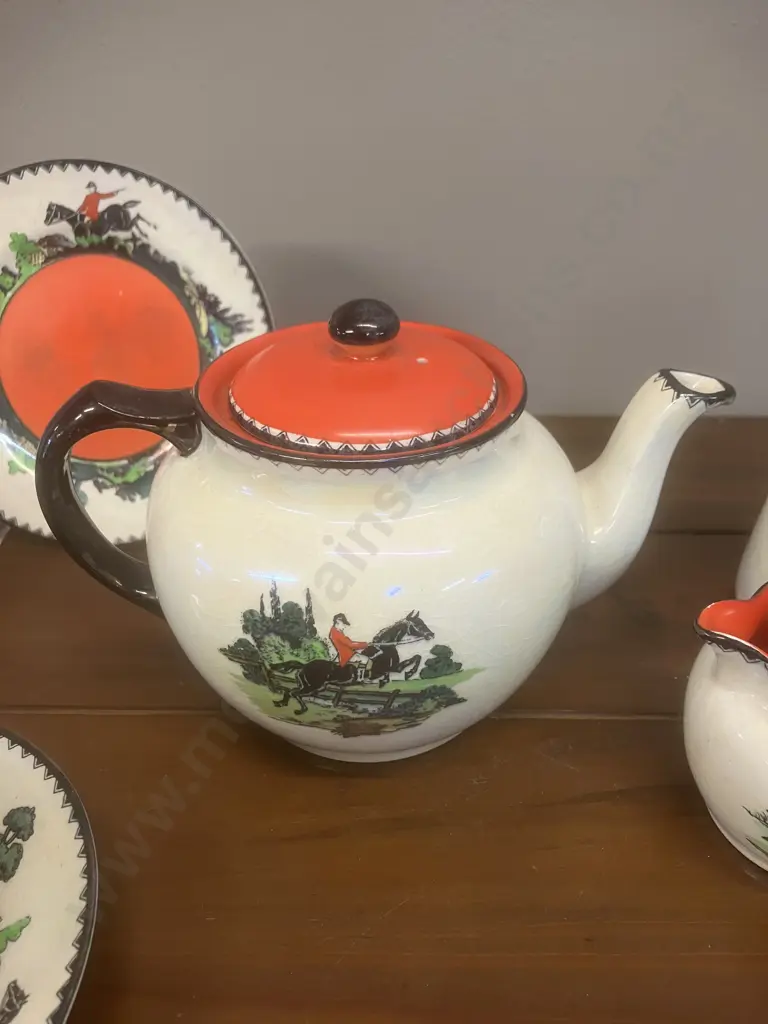 A Rare 1920's MALING Hunting Scenes Tea Set Including Teapot & Water Jug - 9 Piece Set Image 1++
