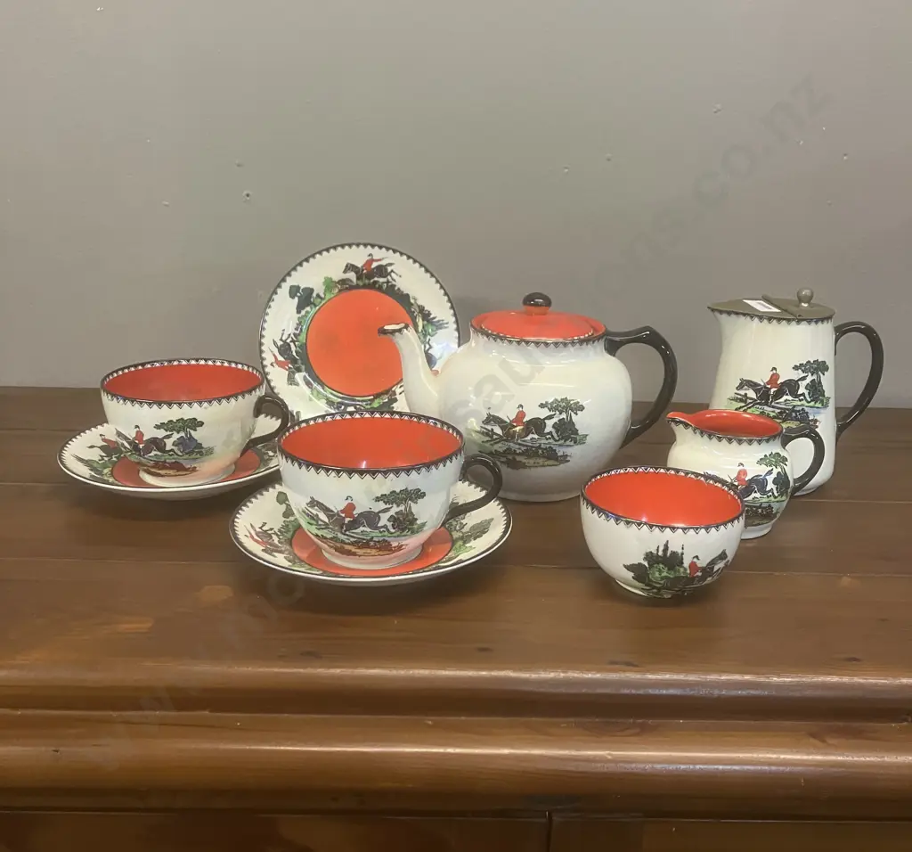 A Rare 1920's MALING Hunting Scenes Tea Set Including Teapot & Water Jug - 9 Piece Set Image 1++