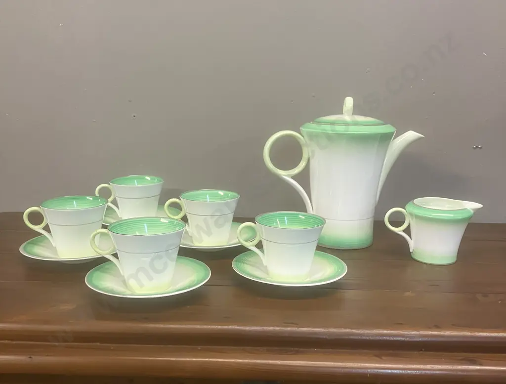 A Vintage 1933 Shelley Art Deco "Green Bands" Regent Shape Coffee / Tea Set for Lawleys Regent St, 12 Pce - England (AF) Image 1++