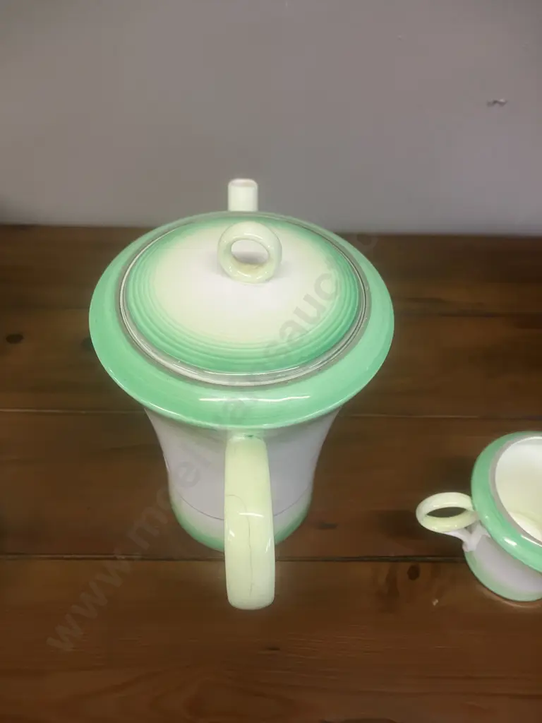 A Vintage 1933 Shelley Art Deco "Green Bands" Regent Shape Coffee / Tea Set for Lawleys Regent St, 12 Pce - England (AF) Image 1++