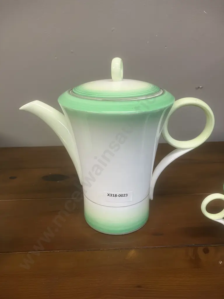 A Vintage 1933 Shelley Art Deco "Green Bands" Regent Shape Coffee / Tea Set for Lawleys Regent St, 12 Pce - England (AF) Image 1++