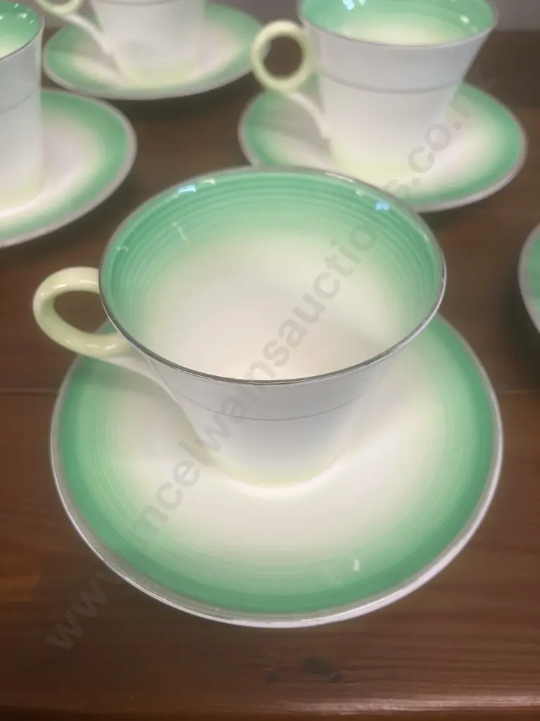 A Vintage 1933 Shelley Art Deco "Green Bands" Regent Shape Coffee / Tea Set for Lawleys Regent St, 12 Pce - England (AF) Image 1++