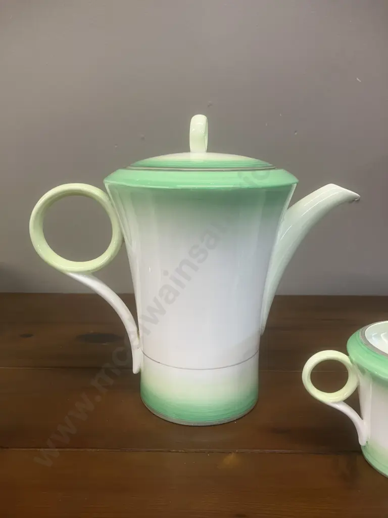 A Vintage 1933 Shelley Art Deco "Green Bands" Regent Shape Coffee / Tea Set for Lawleys Regent St, 12 Pce - England (AF) Image 1++