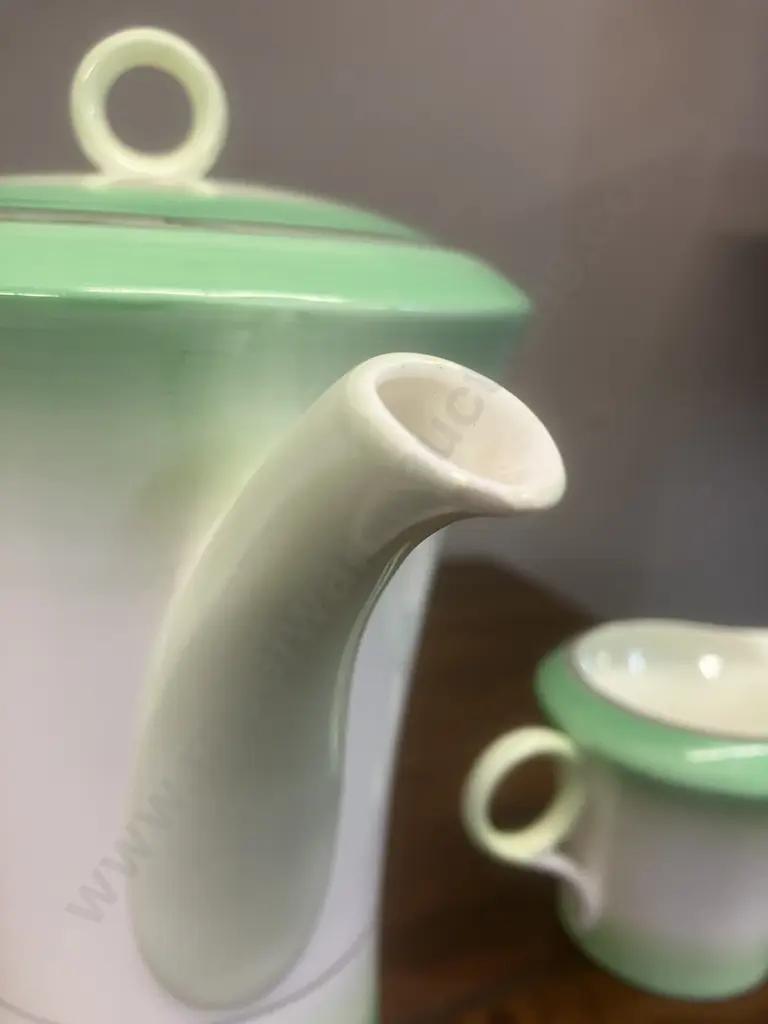 A Vintage 1933 Shelley Art Deco "Green Bands" Regent Shape Coffee / Tea Set for Lawleys Regent St, 12 Pce - England (AF) Image 1++