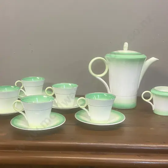 A Vintage 1933 Shelley Art Deco "Green Bands" Regent Shape Coffee / Tea Set for Lawleys Regent St, 12 Pce - England (AF)