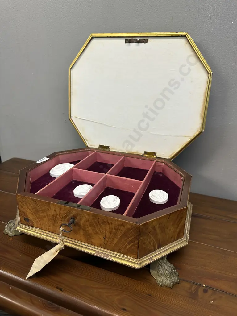 An Antique Velvet Lined Display Case, Ornate Gilt With Metal Claw Feet. 12 x Late 18th.Century Antique Wedgwood Plaques Image 1++