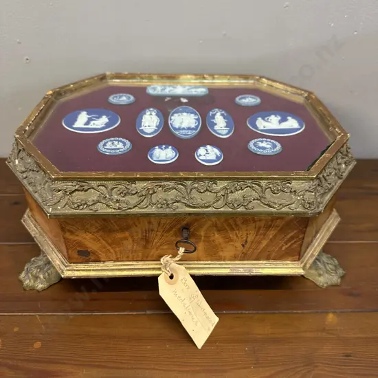 An Antique Velvet Lined Display Case, Ornate Gilt With Metal Claw Feet. 12 x Late 18th.Century Antique Wedgwood Plaques