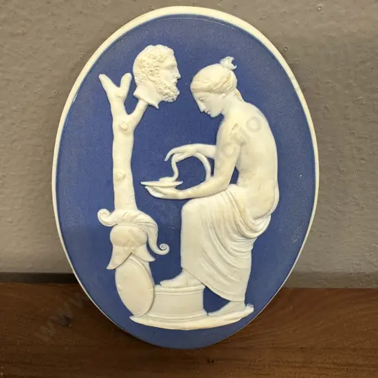 A Wedgwood Oval Convex Plaque Depicting a Lady Feeding Snake & Head On Tree - Late 18th. Century. 9.5 x 7cm