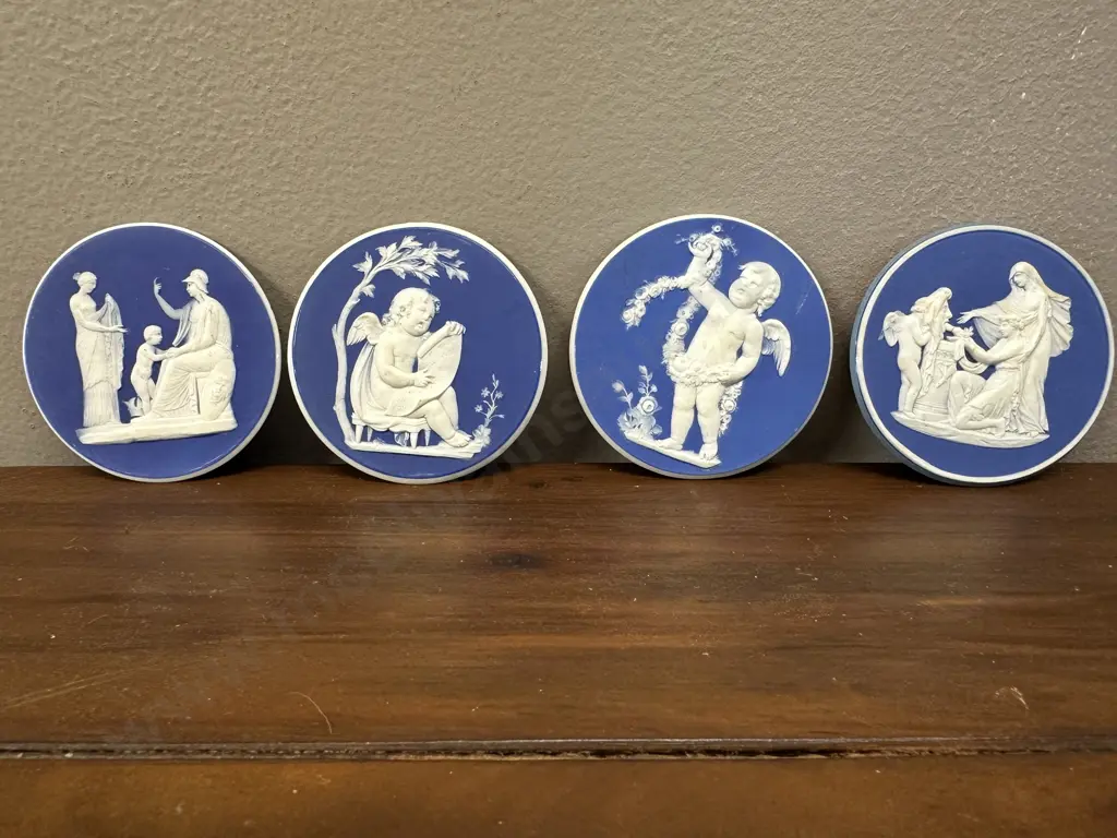 Wedgwood Round Plaques x 4, Blue Jasper Dip In Low White Relief  - Late 18th. Century. 6cm Image 1++