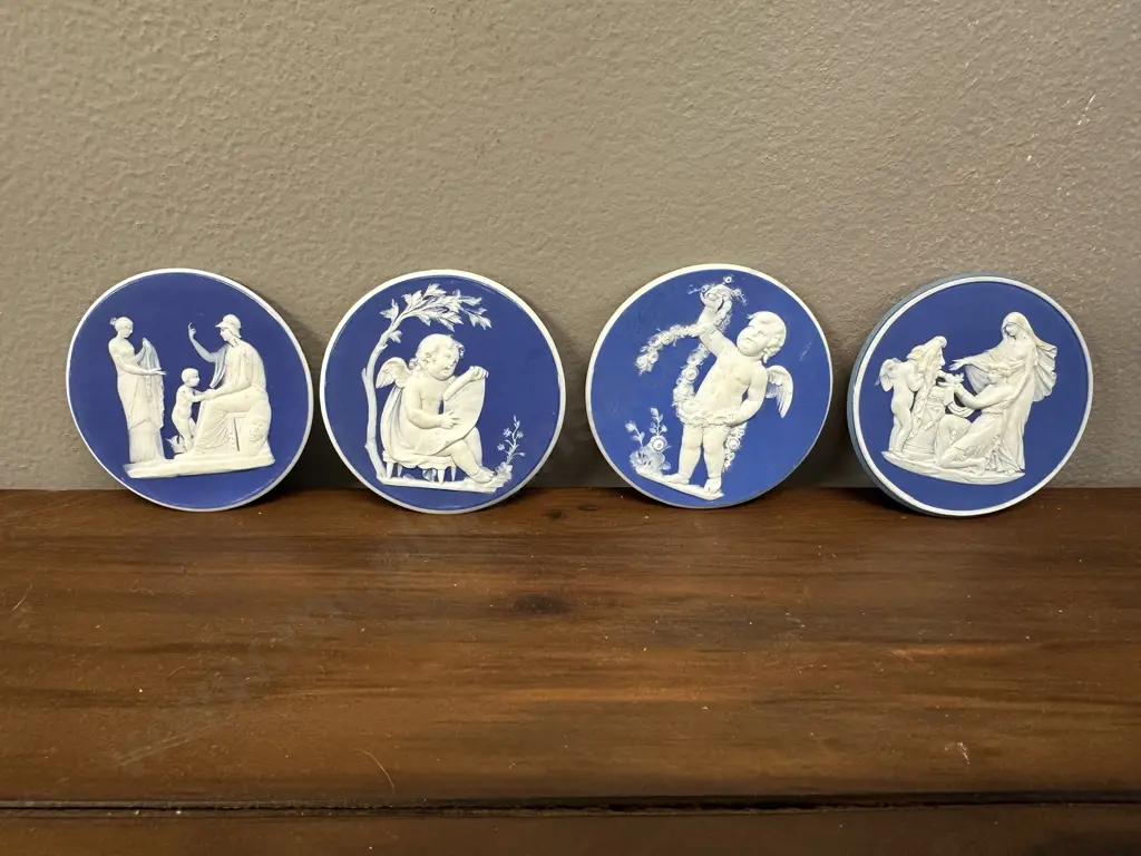 Wedgwood Round Plaques x 4, Blue Jasper Dip In Low White Relief  - Late 18th. Century. 6cm Image 1++