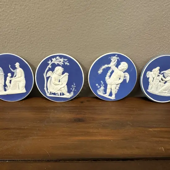 Wedgwood Round Plaques x 4, Blue Jasper Dip In Low White Relief  - Late 18th. Century. 6cm