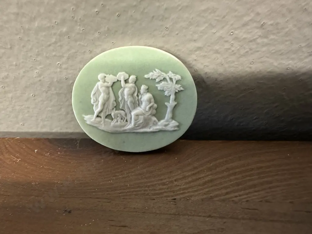 Wedgwood Oval Plaque of Allegorical Figures Under a Tree, Child and Goat, Green Ground - Late 18th. Century. 3 x 3.5cm Image 1++