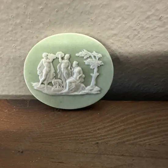 Wedgwood Oval Plaque of Allegorical Figures Under a Tree, Child and Goat, Green Ground - Late 18th. Century. 3 x 3.5cm