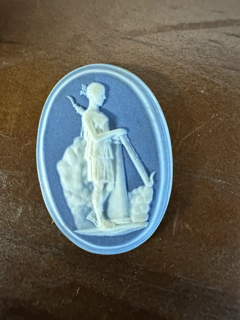 Wedgwood Oval Blue Jasper Dip Plaque of a Girl Standing by a Column Marked Wedgwood And Bentley - Late 18th. Century. Image 1++
