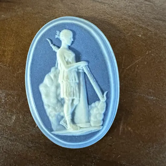Wedgwood Oval Blue Jasper Dip Plaque of a Girl Standing by a Column Marked Wedgwood And Bentley - Late 18th. Century.