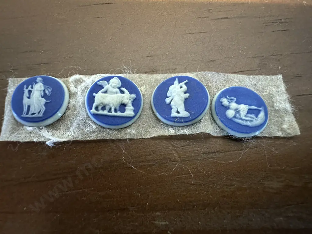 Wedgwood Panels x 4, Round, Small, Blue Jasper Dip In Low White Relief - Late 18th. Century. Image 1++