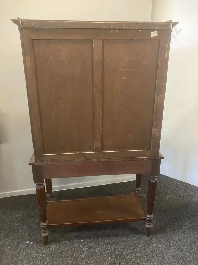 Antique Mahogany Display Cabinet, Double Multipane Glass Doors With Wooden Muntins, Gallery Rail, One Drawer & Key Image 1++