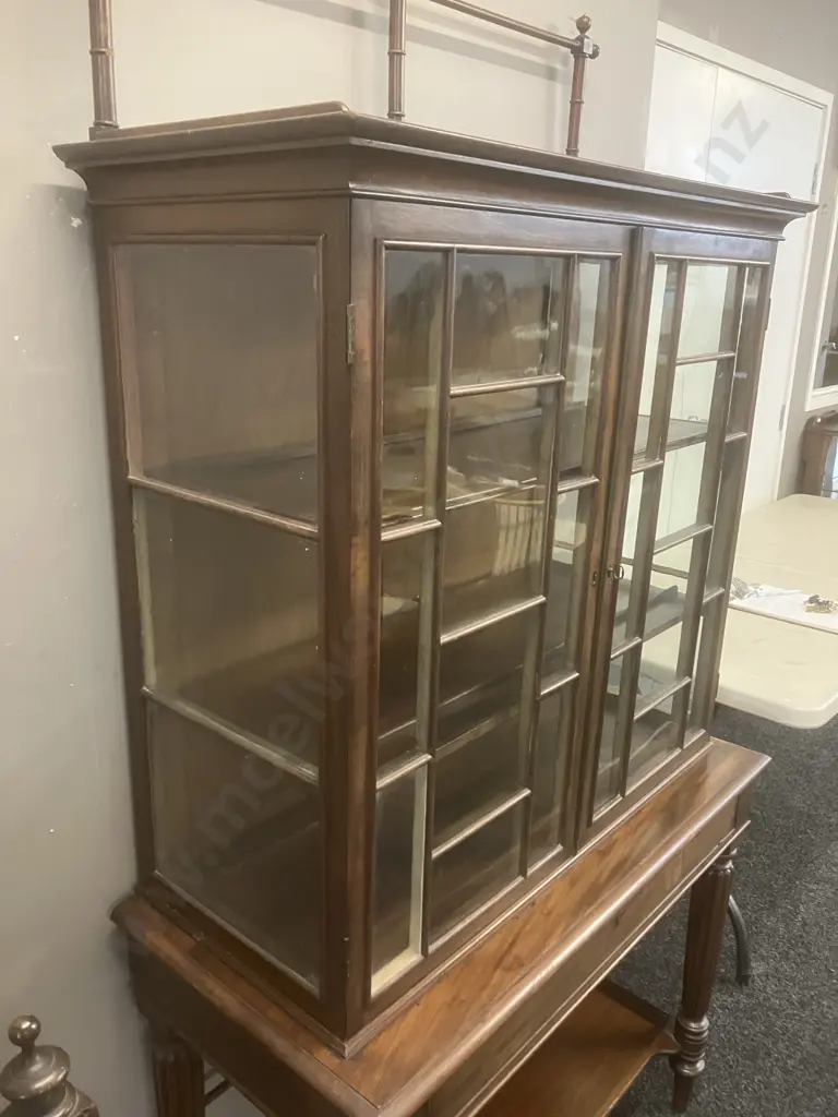 Antique Mahogany Display Cabinet, Double Multipane Glass Doors With Wooden Muntins, Gallery Rail, One Drawer & Key Image 1++