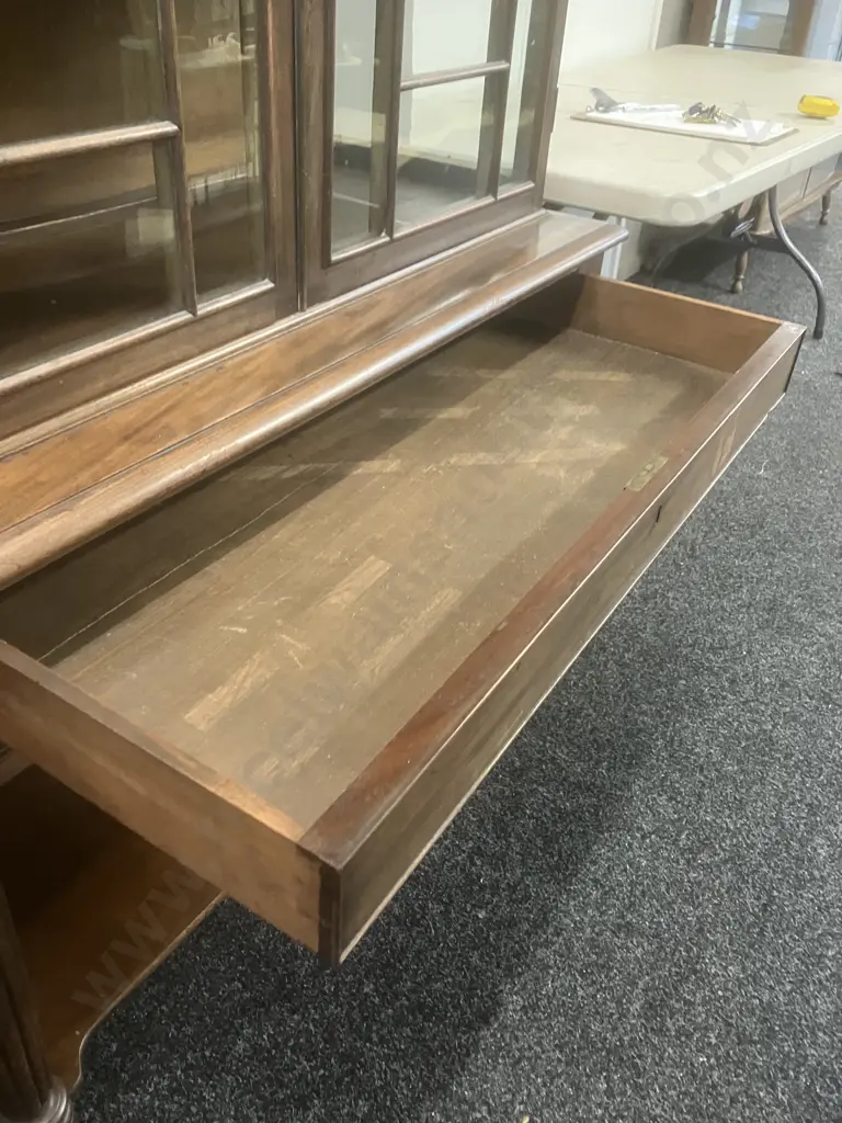 Antique Mahogany Display Cabinet, Double Multipane Glass Doors With Wooden Muntins, Gallery Rail, One Drawer & Key Image 1++