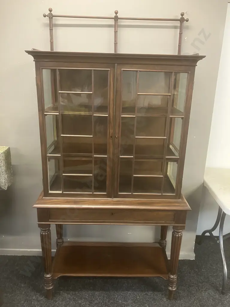 Antique Mahogany Display Cabinet, Double Multipane Glass Doors With Wooden Muntins, Gallery Rail, One Drawer & Key Image 1++