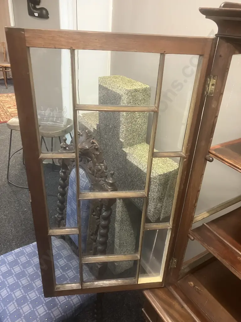 Antique Mahogany Display Cabinet, Double Multipane Glass Doors With Wooden Muntins, Gallery Rail, One Drawer & Key Image 1++