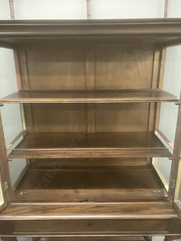 Antique Mahogany Display Cabinet, Double Multipane Glass Doors With Wooden Muntins, Gallery Rail, One Drawer & Key Image 1++