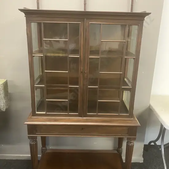 Antique Mahogany Display Cabinet, Double Multipane Glass Doors With Wooden Muntins, Gallery Rail, One Drawer & Key