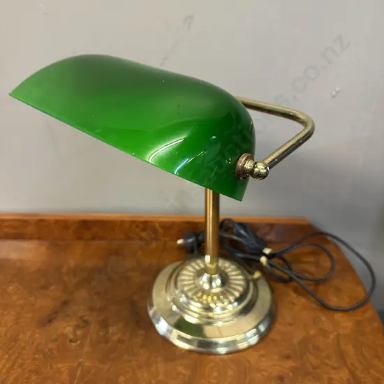 Vintage Style Bankers Lamp With Emerald Glass Shade & Brass Coloured Base