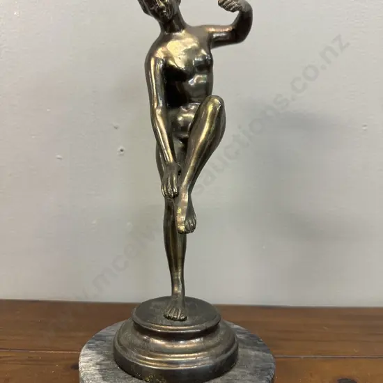 Bronze Figural Sculpture Nude Female On Tiered Round Base H26cm.