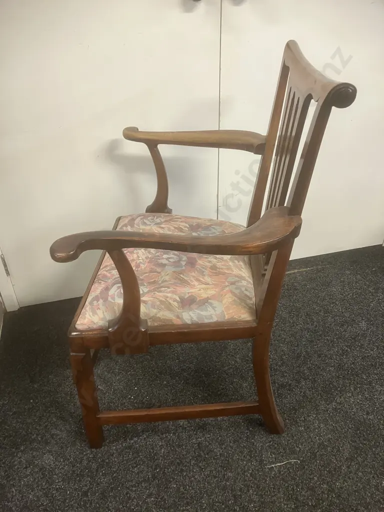 18th Century Elm Elbow Chair, Four Slatted Central Back Panel, Scroll Terminals To Arms Image 1++