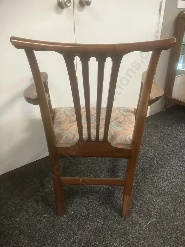 18th Century Elm Elbow Chair, Four Slatted Central Back Panel, Scroll Terminals To Arms Image 1++