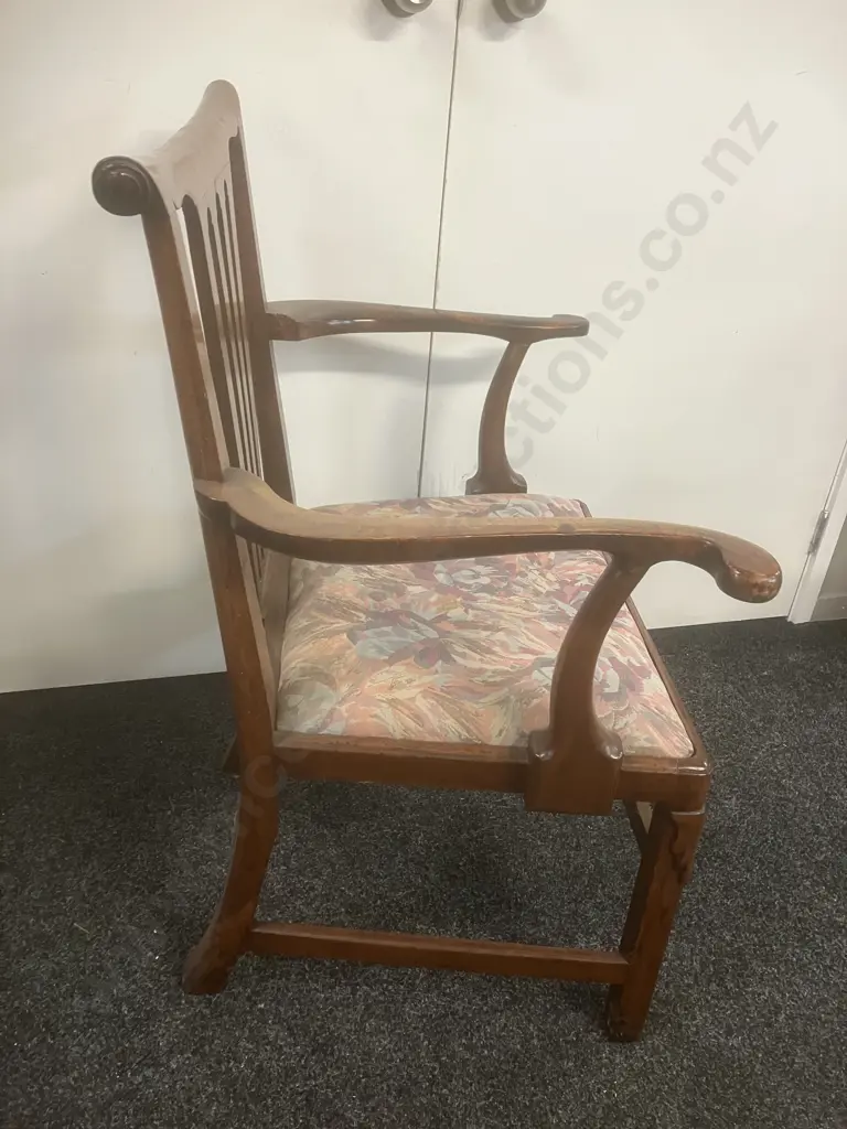 18th Century Elm Elbow Chair, Four Slatted Central Back Panel, Scroll Terminals To Arms Image 1++