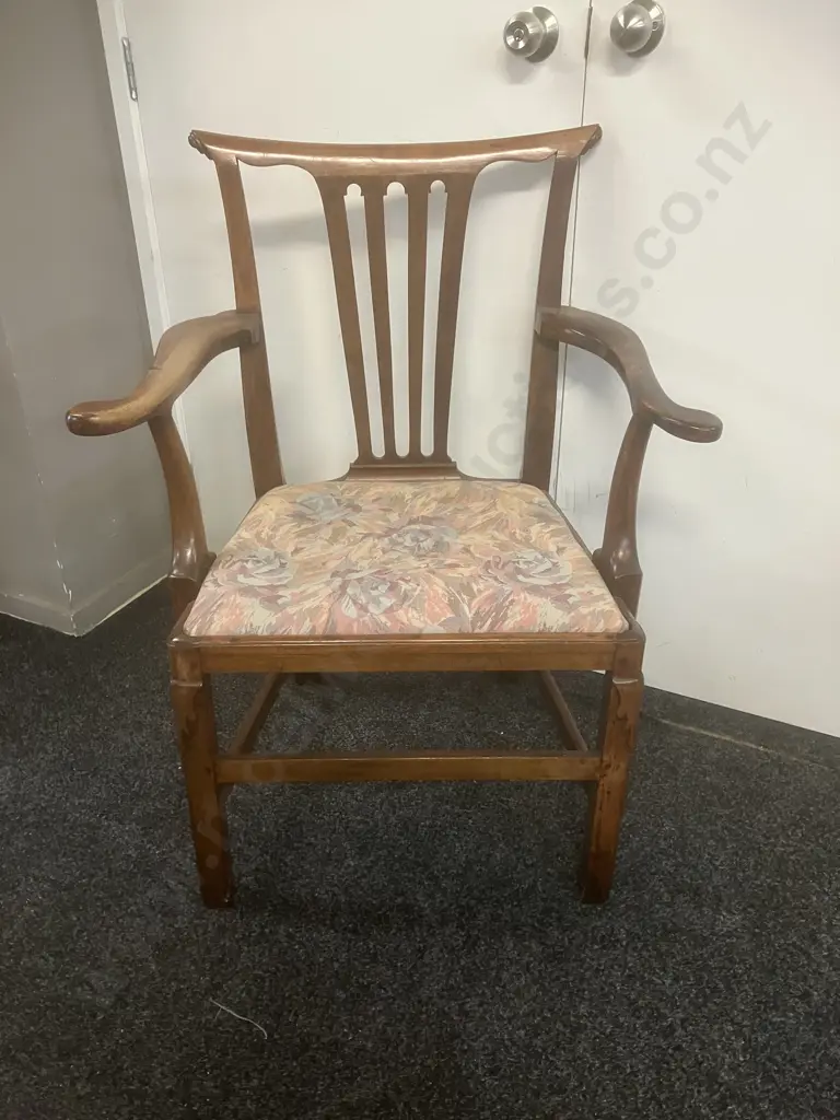 18th Century Elm Elbow Chair, Four Slatted Central Back Panel, Scroll Terminals To Arms Image 1++