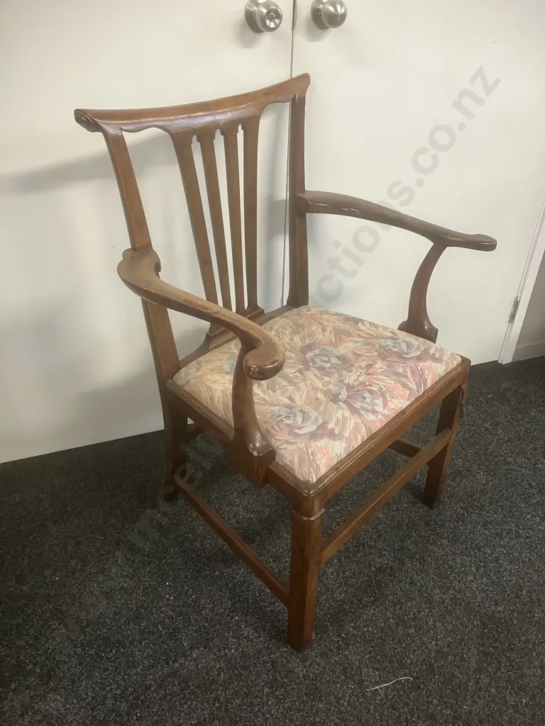 18th Century Elm Elbow Chair, Four Slatted Central Back Panel, Scroll Terminals To Arms Image 1++