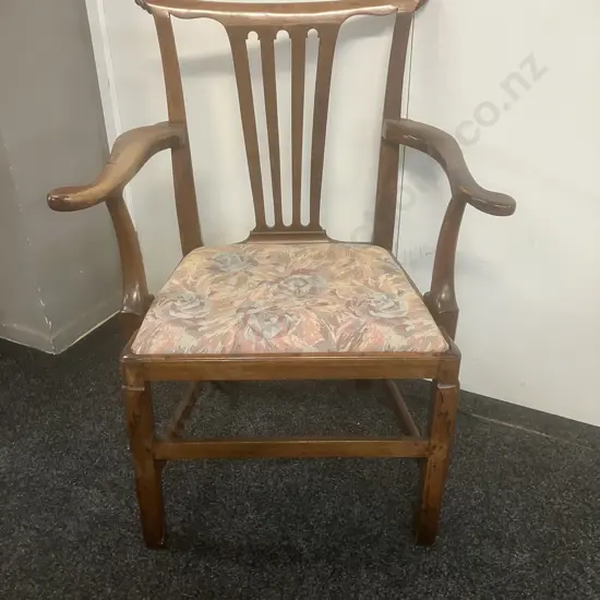 18th Century Elm Elbow Chair, Four Slatted Central Back Panel, Scroll Terminals To Arms