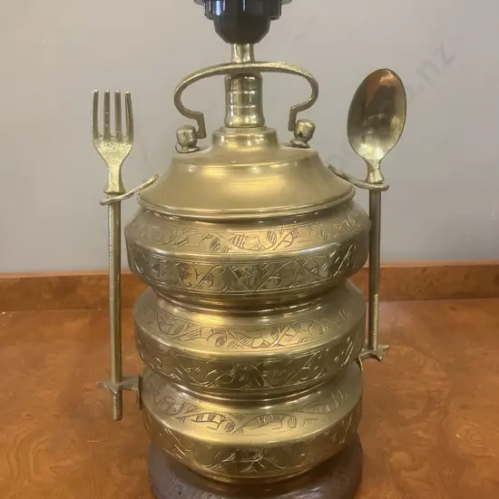 Antique Etched Brass Tiffin Table Lamp. H34cm