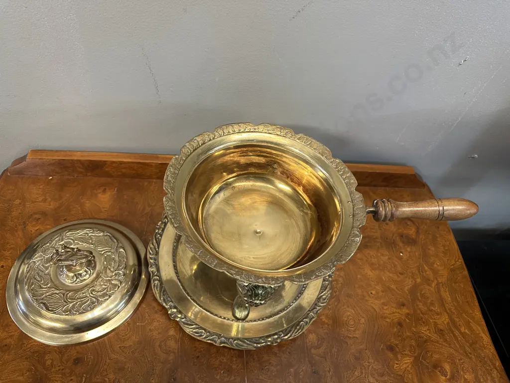 Vintage Middle Eastern Ornate Brass Food Warmer Set Embossed Lid With Matching Under Plate H27cm. Image 1++