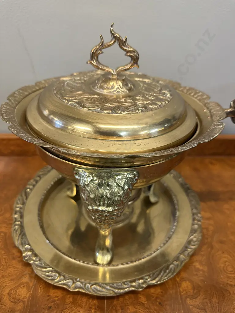 Vintage Middle Eastern Ornate Brass Food Warmer Set Embossed Lid With Matching Under Plate H27cm. Image 1++