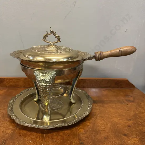 Vintage Middle Eastern Ornate Brass Food Warmer Set Embossed Lid With Matching Under Plate H27cm.