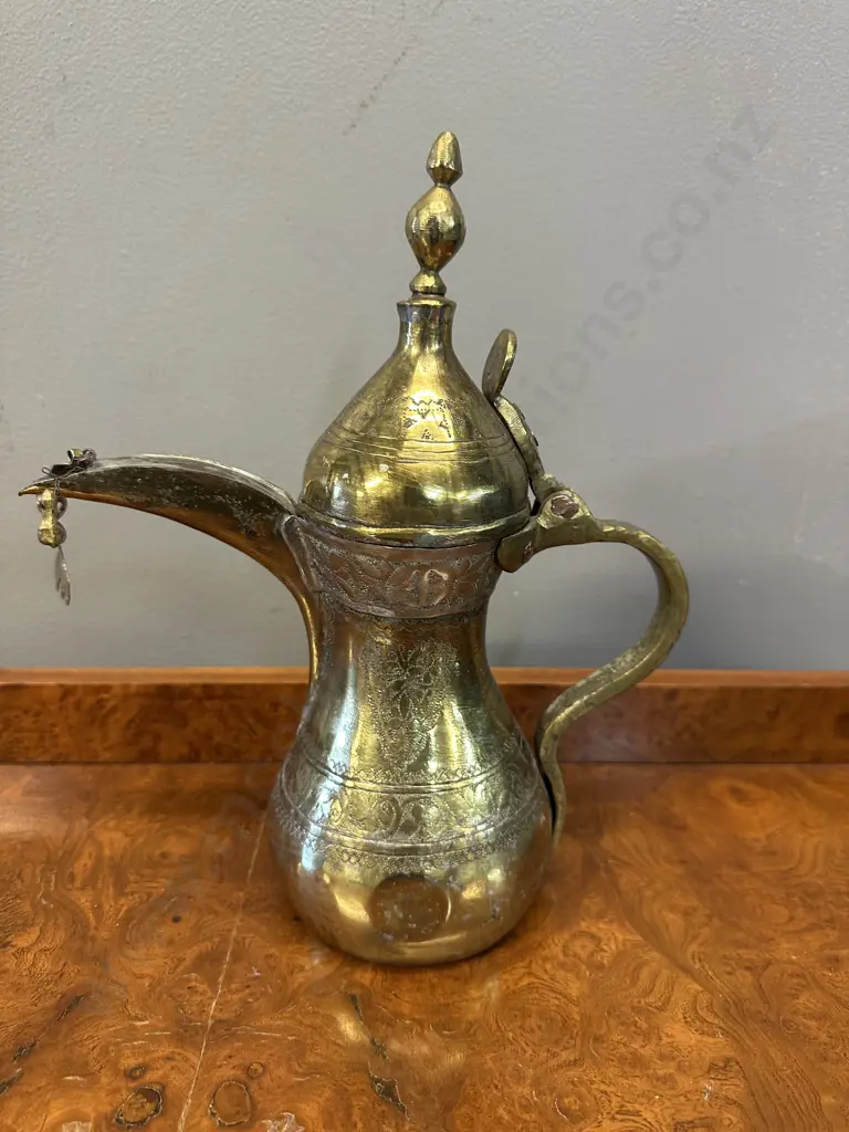 Vintage Brass Dallah Arabic Coffee Pot With Traditional Etched Engravings & Distinct Long Curved Spout H28cm. Image 1++