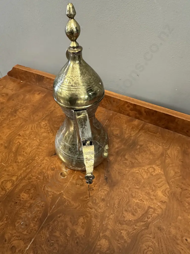 Vintage Brass Dallah Arabic Coffee Pot With Traditional Etched Engravings & Distinct Long Curved Spout H28cm. Image 1++