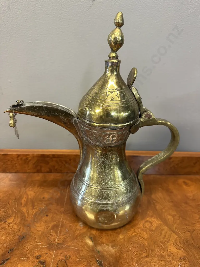 Vintage Brass Dallah Arabic Coffee Pot With Traditional Etched Engravings & Distinct Long Curved Spout H28cm. Image 1++