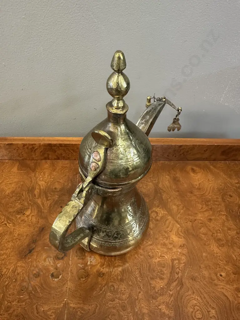 Vintage Brass Dallah Arabic Coffee Pot With Traditional Etched Engravings & Distinct Long Curved Spout H28cm. Image 1++
