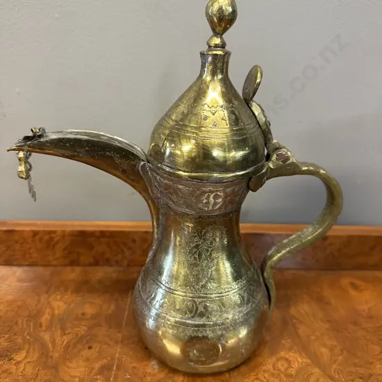 Vintage Brass Dallah Arabic Coffee Pot With Traditional Etched Engravings & Distinct Long Curved Spout H28cm.