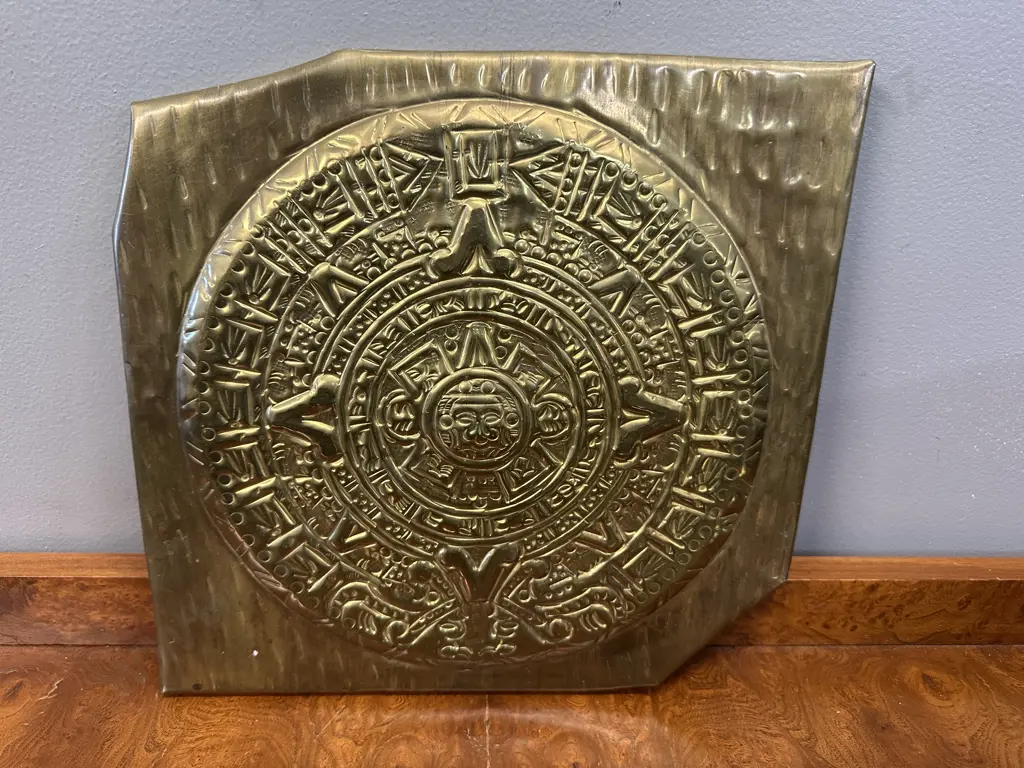 Mid Century Stamped Brass Wall Hanging Featuring A Replica Of The Aztec Sun Stone Calendar Decorative Art From Mexico Image 1++