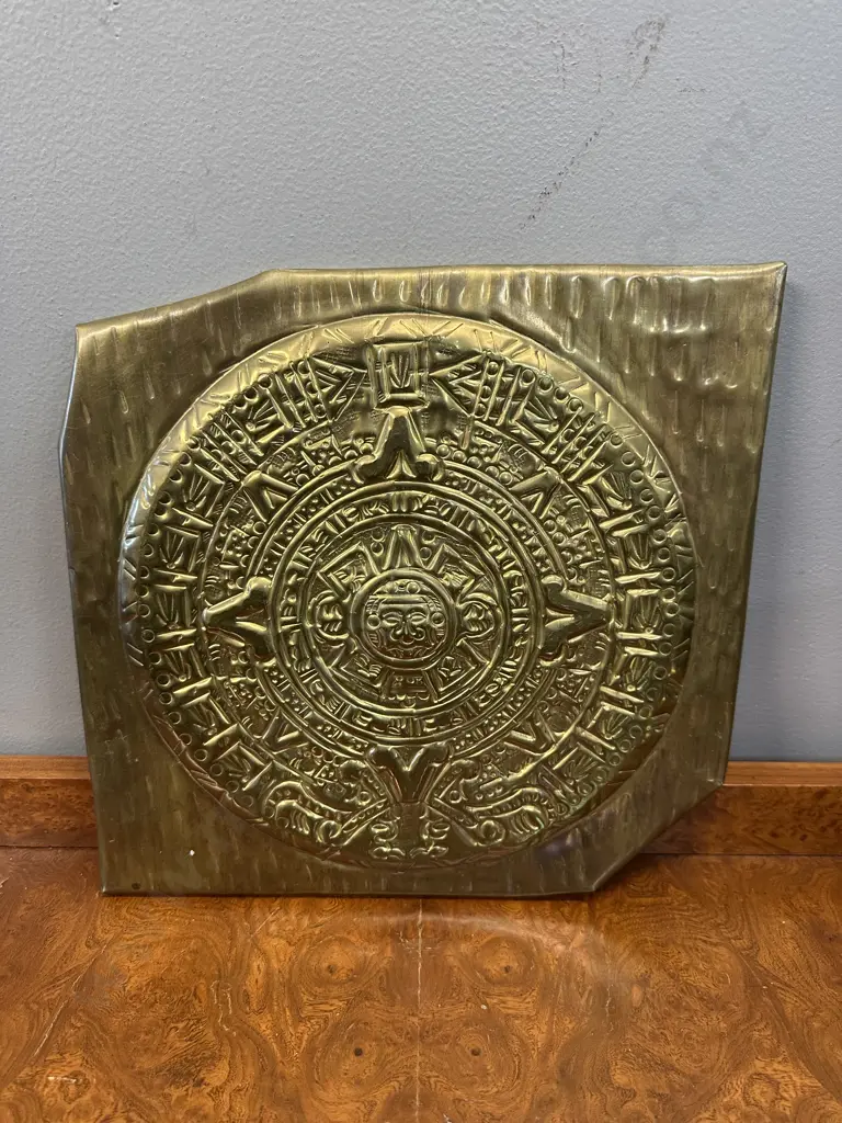 Mid Century Stamped Brass Wall Hanging Featuring A Replica Of The Aztec Sun Stone Calendar Decorative Art From Mexico Image 1++