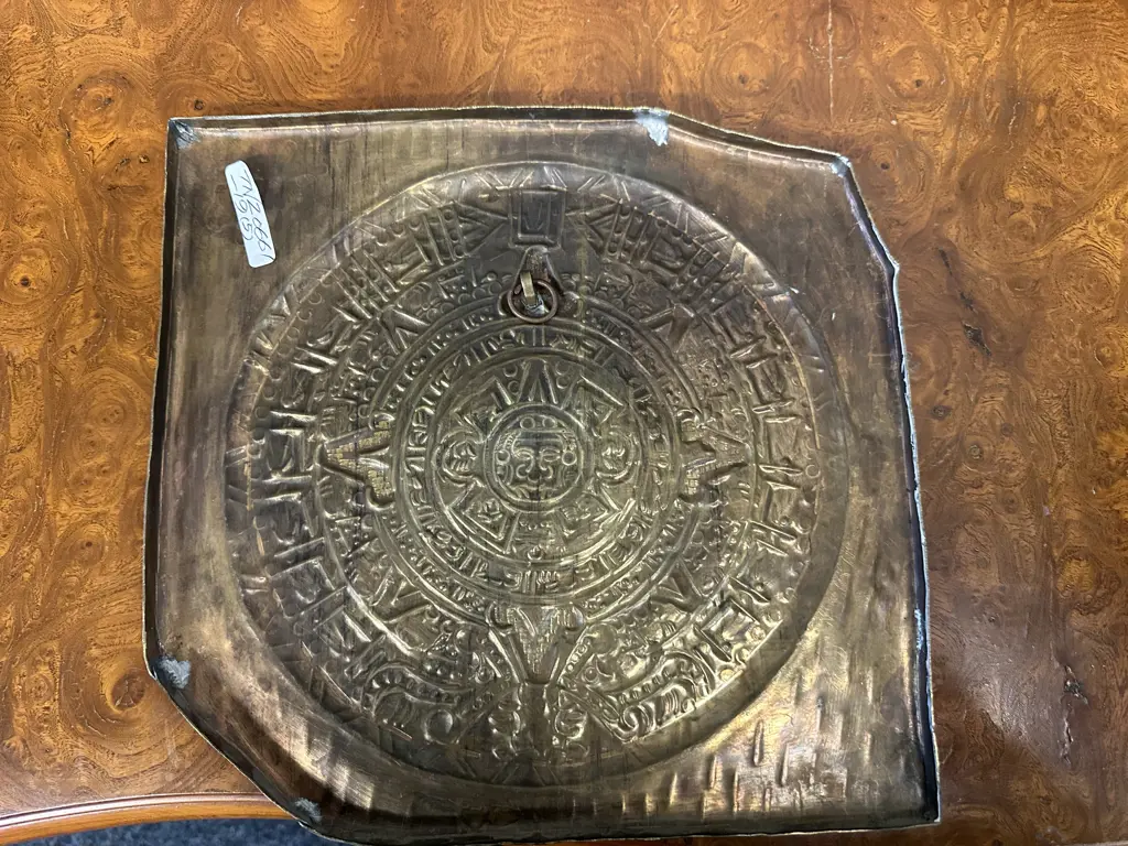 Mid Century Stamped Brass Wall Hanging Featuring A Replica Of The Aztec Sun Stone Calendar Decorative Art From Mexico Image 1++