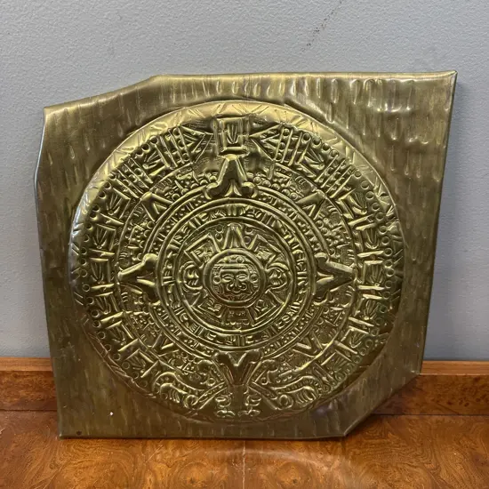 Mid Century Stamped Brass Wall Hanging Featuring A Replica Of The Aztec Sun Stone Calendar Decorative Art From Mexico
