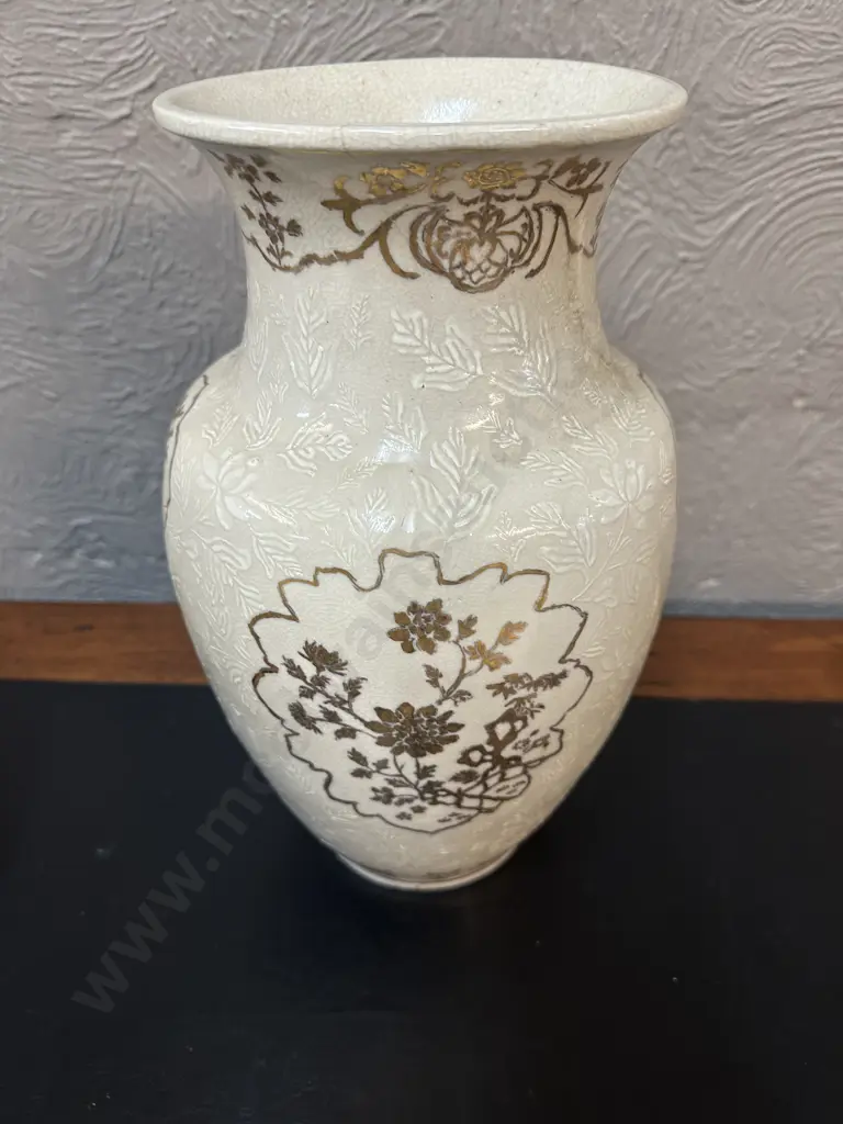 Vintage Chinese Ya Wan Cang Style Glazed White With Gilding & Embossed Leaves (af to rim) H36cm. Image 1++