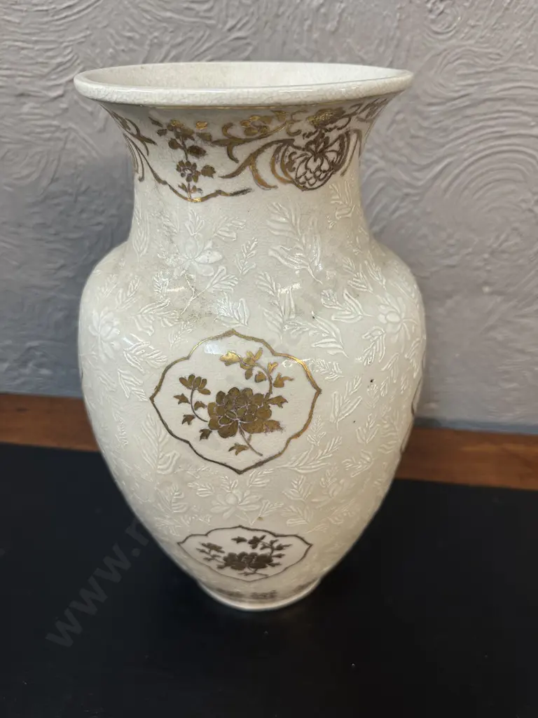 Vintage Chinese Ya Wan Cang Style Glazed White With Gilding & Embossed Leaves (af to rim) H36cm. Image 1++